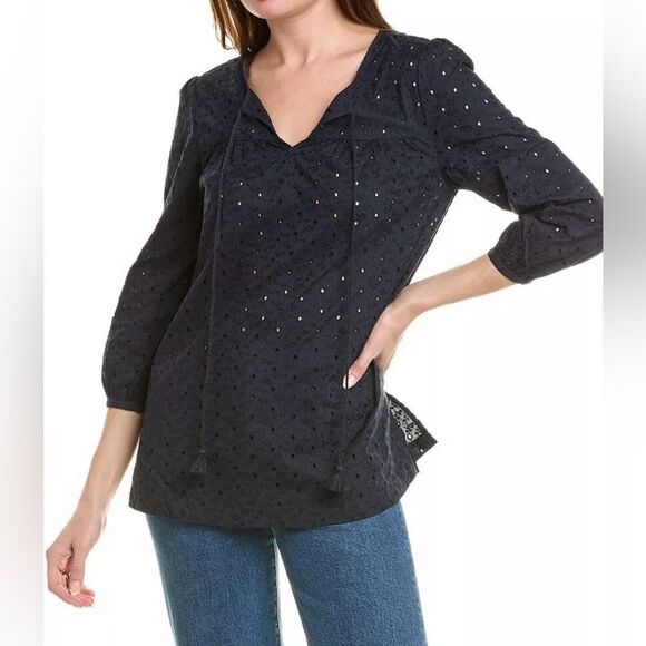 ‼️final must bundle‼️ Brooks Brothers Navy Blue Eyelet Top Blouse Bell Sleeves - Picture 1 of 9